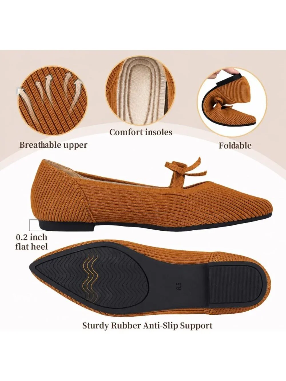 Women's Brown Pointed Toe Knit Ballet Flats Comfortable Pull On Casual Shoes